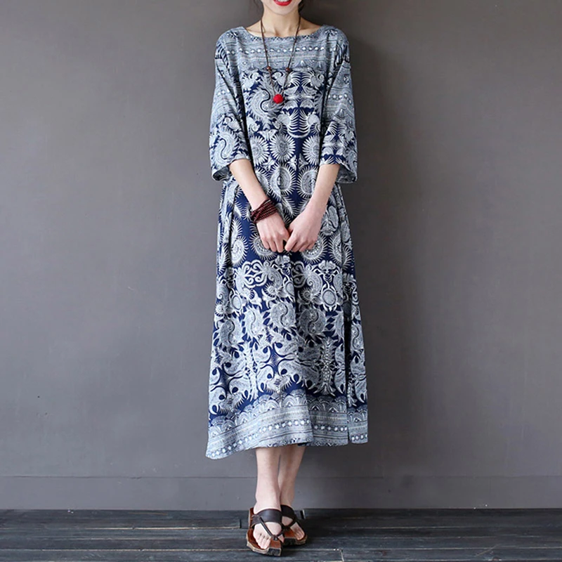 

Plus Size Dress Ethnic Vestido Womens Summer Beach Dress Bohemian Floral Ropa Mujer Casual Loose Kaftan Mid-Calf Dress