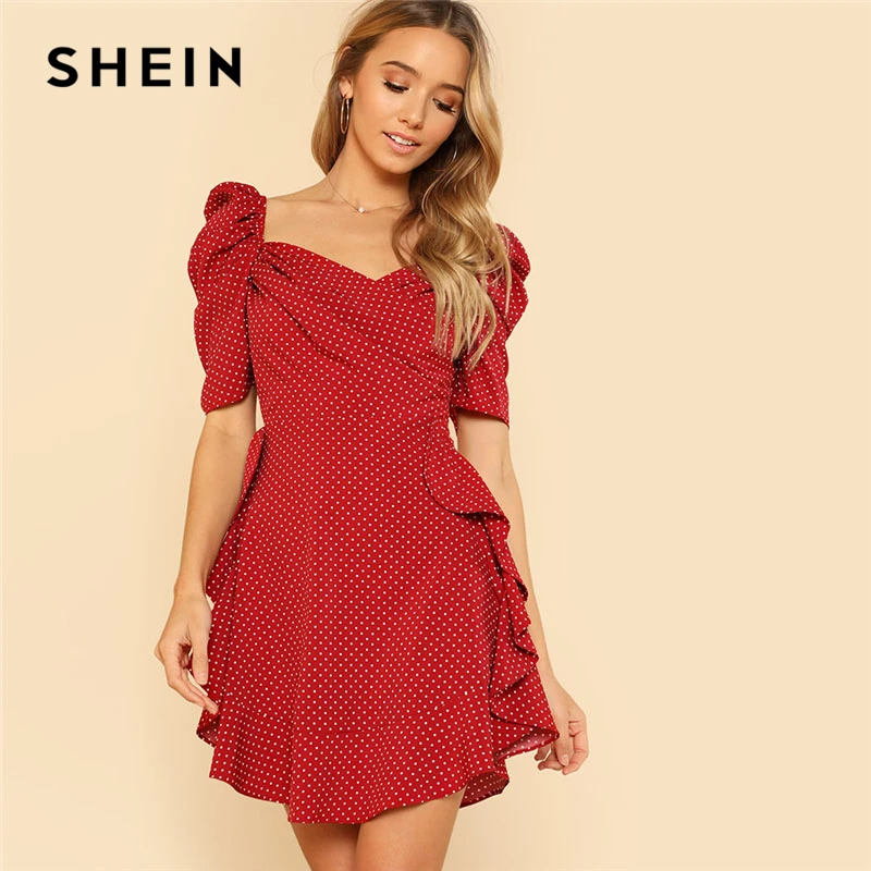 Buy SHEIN Puff Sleeve Ruffle Trim Dress Red V Neck