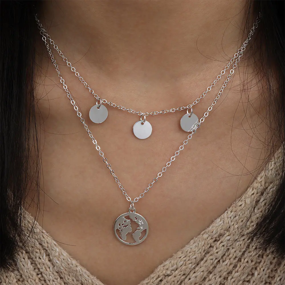 

Bohemia Retro Gold Silver Hollow World Map Round Pendant Multilayer Necklace Girl Charm Gift Set Summer Beach Accessories