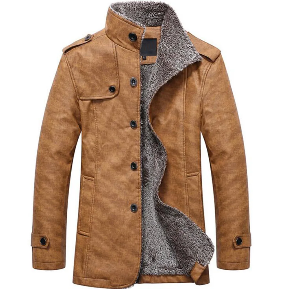 

2018 New Winter Wool Coat Men Leisure Button Thermal Leathe Coats Men's Pure Color Casual Fashion Jackets / Casual Men Overcoat