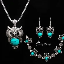 Модный винтажный комплект ювелирных изделий в форме совы, 3 цвета, старинный серебряный кулон, ожерелье, серьги, браслеты, женские вечерние комплекты