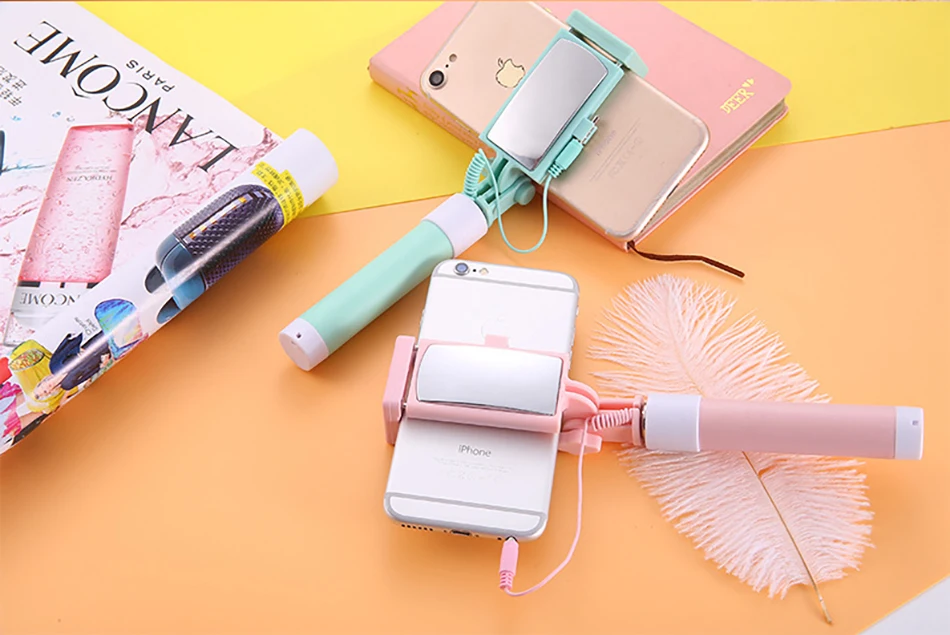 !ACCEZZ Mini Wired Selfie Stick IOS For iPhone X XR XS MAX 8 7 6 For Huawei Samsung Monopod Foldable Portable Selfiestick Mirror (23)