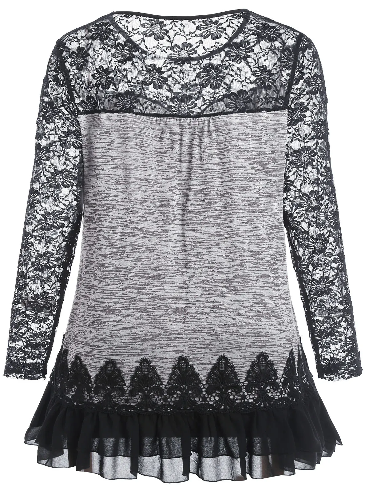 Wipalo Plus Size Sheer Lace Panel Layered Ruffled Marled Tunic T Shirt Casual O Neck Long Sleeve Flounce Tee Top Big 5XL|Футболки| |