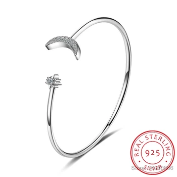 

LEKANI S925 silver stars moon bracelet female diamonds moon curved open bangles bracelet female