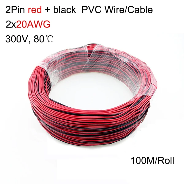 100 м/рулон 2x20AWG ПВХ провод красный + черный 2 контакта одноцветная Светодиодная