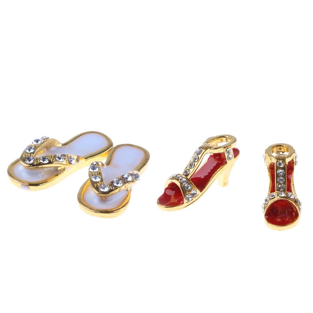 2 Pairs Lady Women Metal High-heeled Shoes Boots Slippers with Diamond 1:12 Dollhouse Miniature Home Shop Showcase Accessories