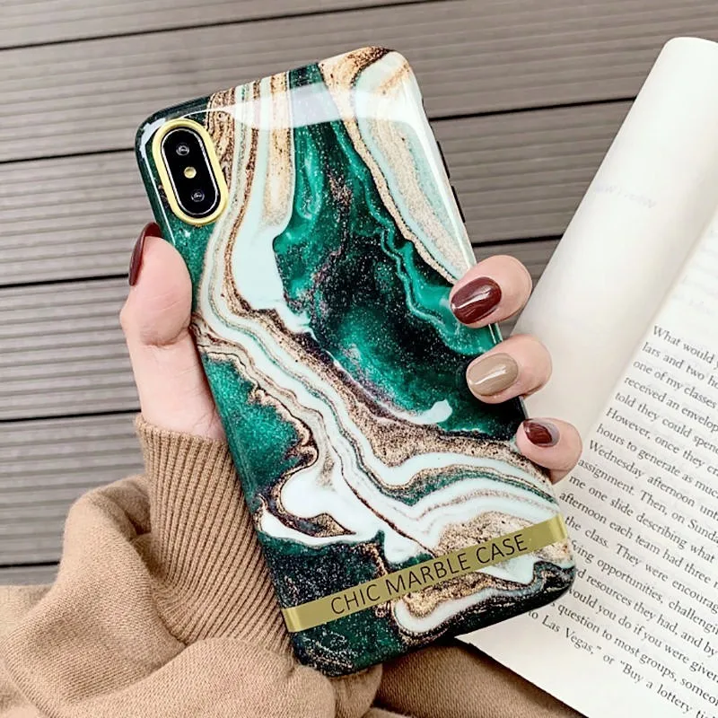 

Fashion Artistic agate marble gold bar Phone Case For iphone 7 case XS XR XS Max 6 8 Plus Shiny Glossy soft silicon Back cover