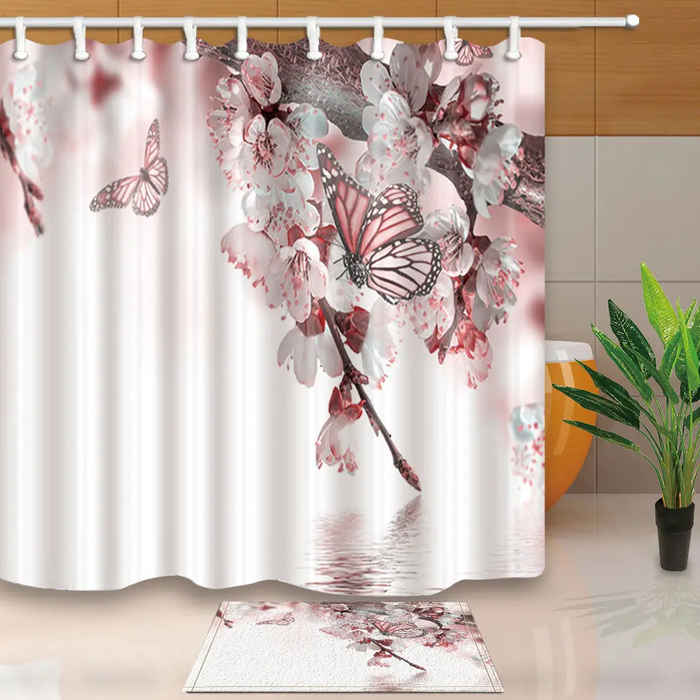 Warm Tour Butterflies and Cherry Blossoms Polyester Fabric Bathroom