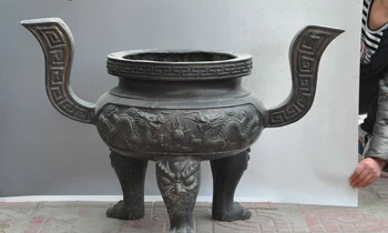 

33"chinese buddhism bronze animal dragon beast Foot Tripod incense burner Censer