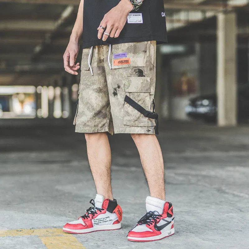 Японские Harajuku ленты карго шорты для мужчин городские мальчиков уличная хип хоп Drawstring Camoflage короткие брюки плюс размер m-xxl