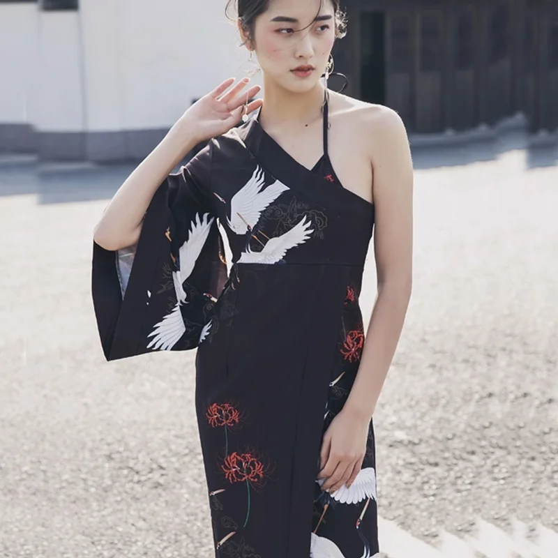 Костюм Гейши Obi Yukata женские асимметричные платья кимоно с красной короной журавль халат Винтаж Femme сексуальные японские платья TA1456