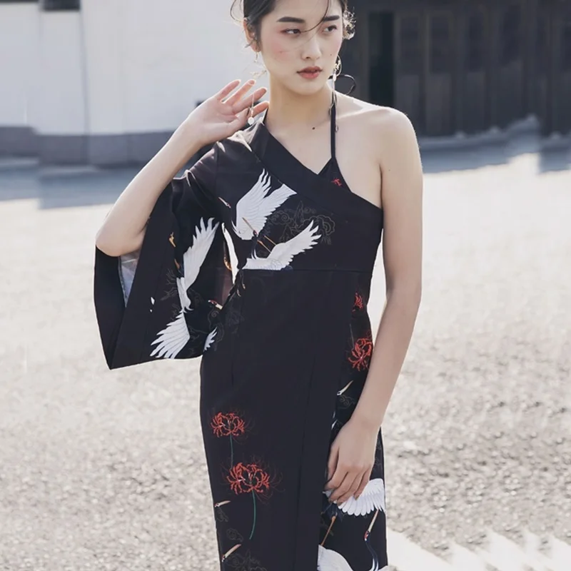 Женский Асимметричный костюм Geisha Obi Yukata винтажное платье Kimonos с красным краном