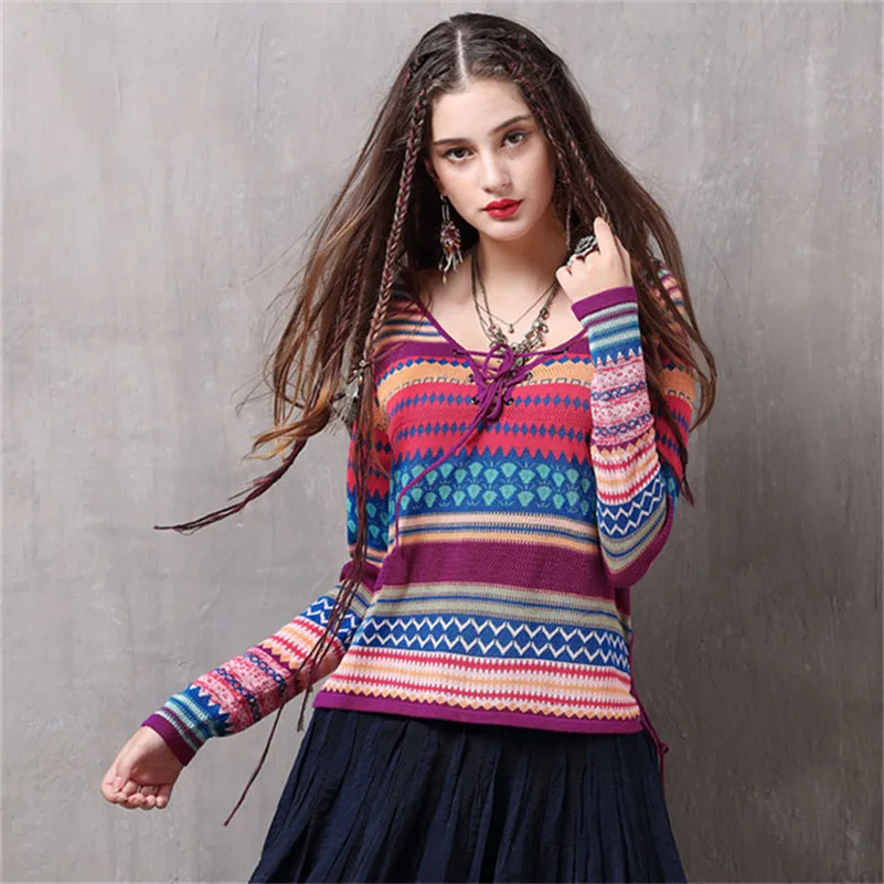 

Spring Women 80%Cotton Sweater T shirt 2019 Vintage 20%Wool T shirt V-Neck Long Sleeve Stripe Knitting Lady's T shirt Sweater