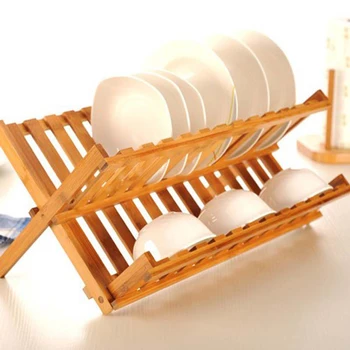 

Folding Bamboo Dish Rack Dish Double layer Drying Rack Bamboo Dish Rack Collapsible Dish Drainer Foldable Plate Rack Hot