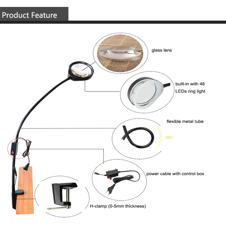 

10x 20x Optical Glass Lens LED Illuminating Magnifier Desk Clip-on Magnifying Glass Lamp for PCB Inspection, Beauty, Dentistry