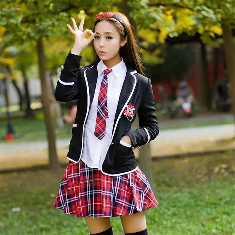 Новая японская Корейская школьная форма для девочек, костюм для колледжа, комплект с блейзером и курткой, костюм с длинными рукавами, пальто для школьников, черный и белый цвета