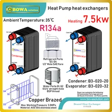 7.5KW конденсатор из нержавеющей стали и его испаритель предназначен для 3,5hp сверхвысокотемпературных тепловых насосов водонагревателей