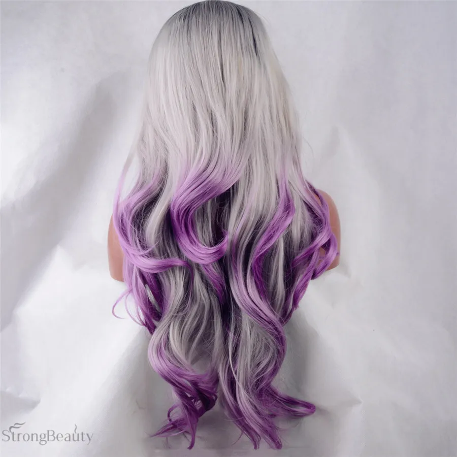 Strongbeauty химическое объемная волна парики Синтетические волосы на кружеве Ombre Фиолетовый длинный парик