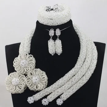 

Trendy Milk White Crystal Jewelry Sets Nigerian African Wedding Bridal/Women Beads Necklace Jewelry Set Free Shipping ANJ233
