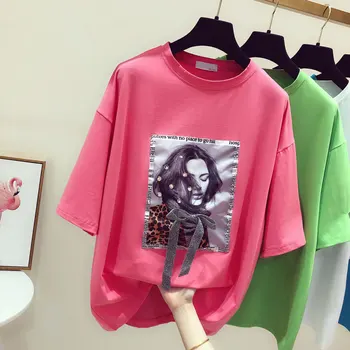 

Beauty Woman Head Diamond Print T-shirt Female Short-sleeved Summer New Korean Loose Large Size O Neck Half-sleeved Top Cotton