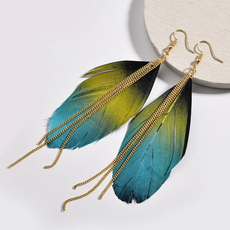 

Fashion Bohemia Fluorescent Exotic Dangle Drop Earrings Long Metal Tassel Feather Earrings For Women Jewelry gifts FSPES405