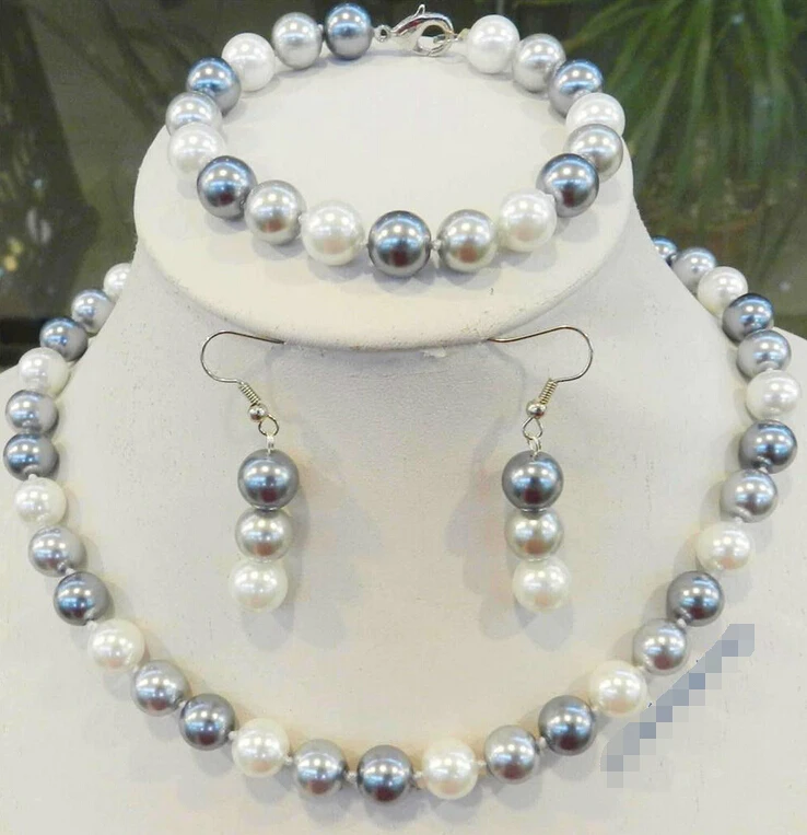

10mm Elegant White Silver Gray Shell Pearl Necklace and other set^^^@^Noble style Natural Fine jewe FREE SHIPPING