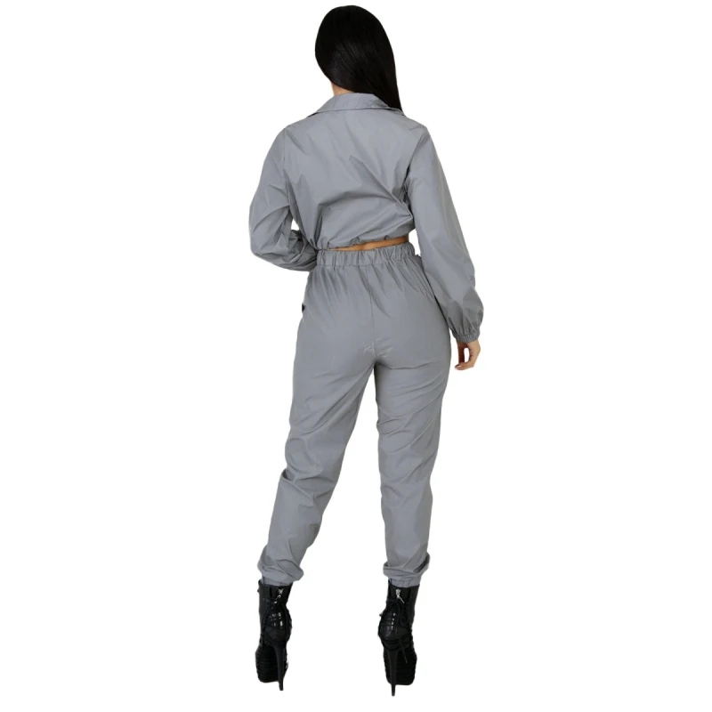 امرأة مثير مجموعة التلبيب جيب سستة السري قميص عالية الخصر بنطلون عاكس الرياضية دعوى