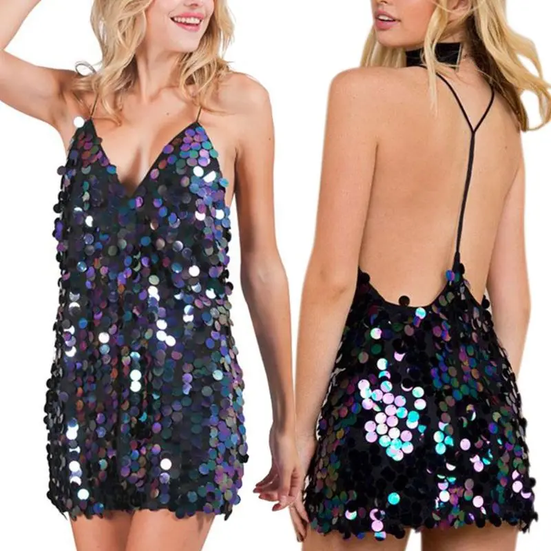 

Women Sleeveless Sexy Plunging Deep V-Neck Halter Mini Dress Round Reflective Glitter Sequins Bodycon Backless Cocktail Clubwear