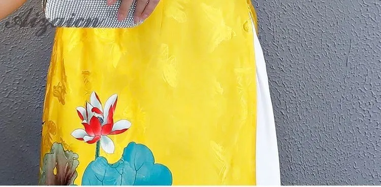Вышивка Cheongsam длинное женское китайское традиционное платье восточные платья жёлтый халат Восточный воротник Ретро Халат