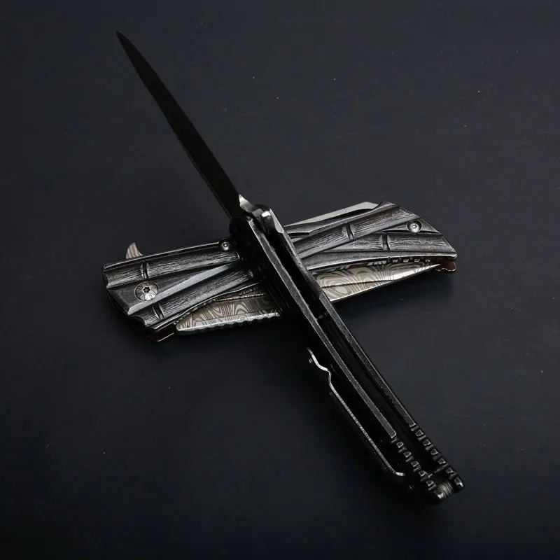 microtech bamboo tactical folding knife damascus pattern blade rescue edc tools (6)
