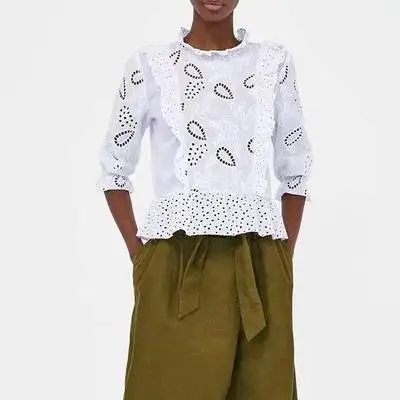 

CW8588 OL spring women za chiffon O-neck lace hollow out blouses Shirts long sleeve ruffles Womens Camisa Blusas Feminina