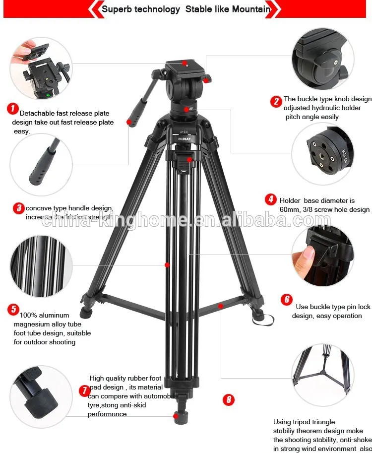 Diat A193L Aluminum Heavy Duty Fluid Head Camera Tripod for Camcorder