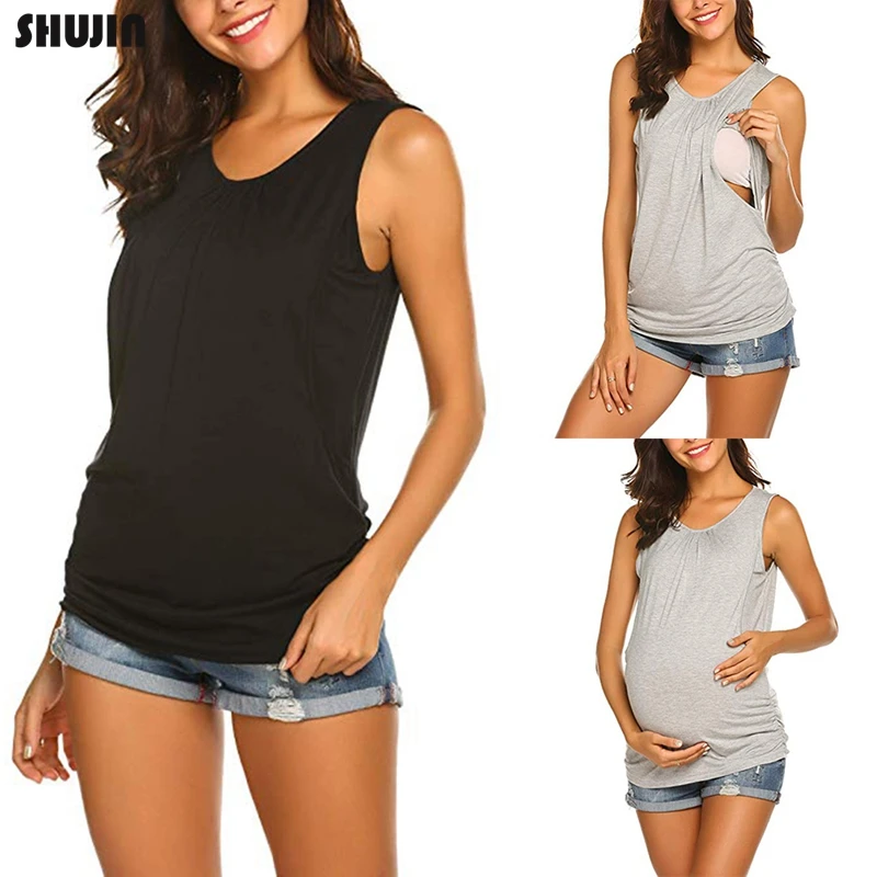 

Shujin Maternity Dress Premium Soft Stretch Women Pregnant Strappy Vest Nursing Tops Maternity Breastfeeding T-Shirt Blouse