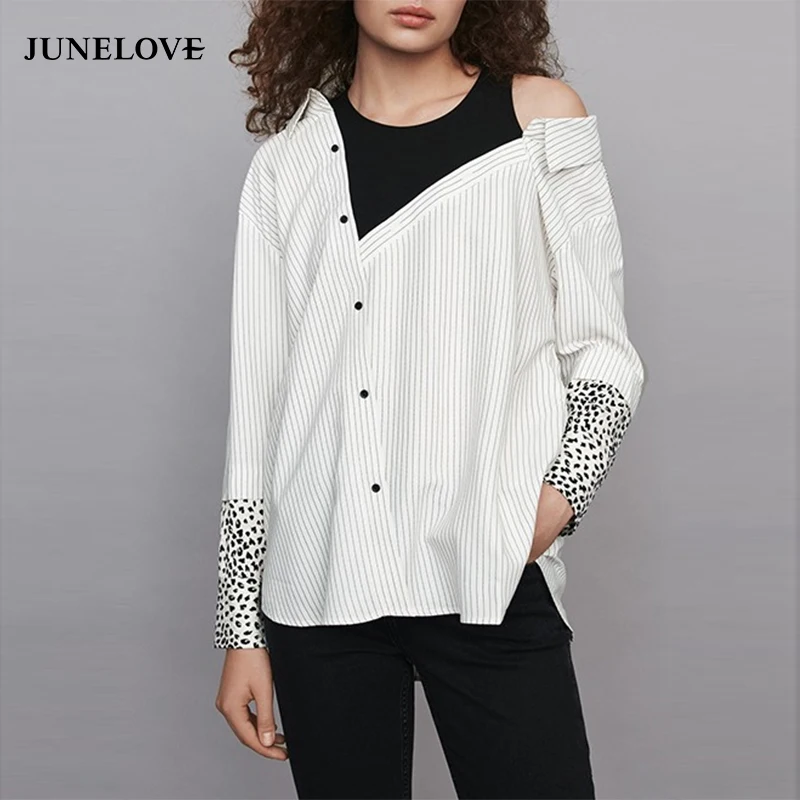 

JuneLove Women New Long Sleeve Striped Blouse Shirts Vintage Leopard Patchwork Female Loose Blouse Casual Street Wear Lady Tops