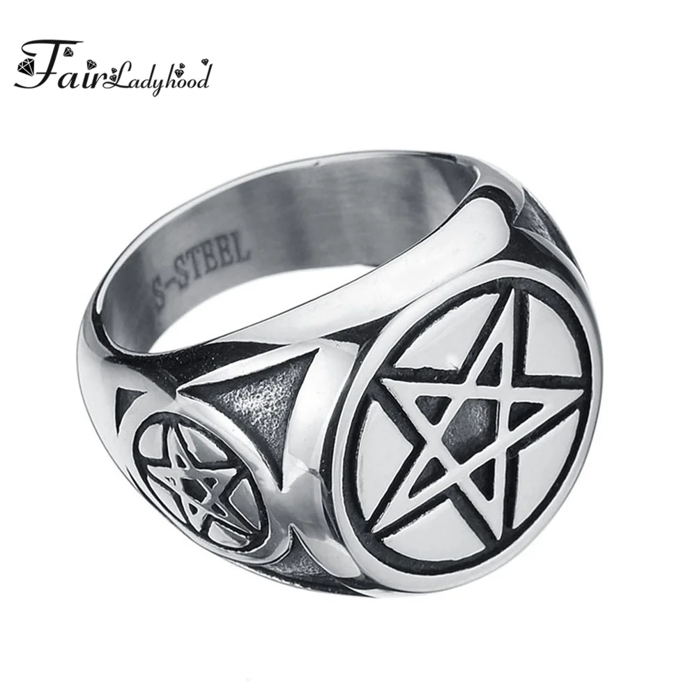 

FairLadyHood 100% Titanium Steel Christian Star Baphomet Goat Pentagram High Polished Ring For Man Punk Biker Rock Ring Jewelry
