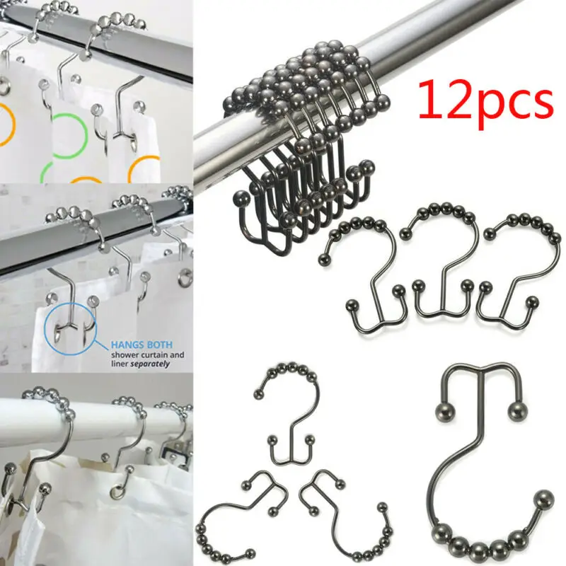 

8 Beads Shower Curtain Ring Double Hooks Set Glide Bathroom Roller Heavy Word Stainless Steel Hook 12 Pieces S-Shaped Hooks