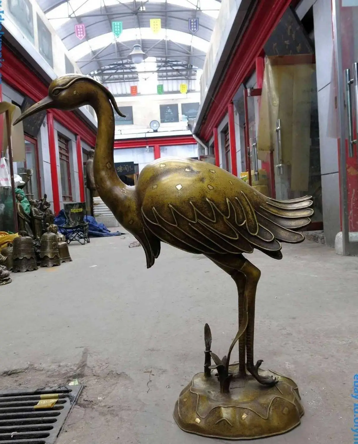 

36" China pure brass copper carved lucky Red-crowned crane Sculpture Statue