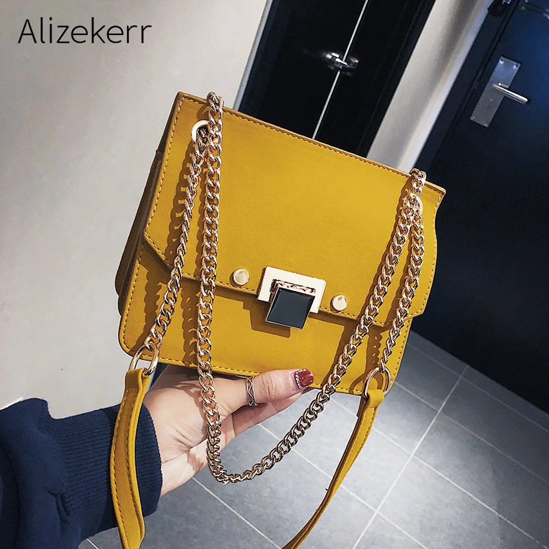 

Elegant Frosted Messenger Bag Women Famous Brand Chain Lock Catch Yellow Small Flap Bag Casual Female Shoulder Bag Party Bolsa