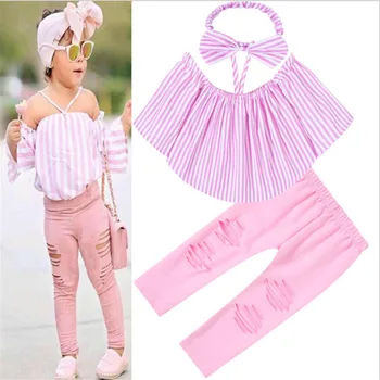 

Girl's O-Neck Sleeveless Pink Stripes Tops and Pink Hollow Out Pants with Turban 3PCS Clothing Sets Fashion Baby Girl Sets