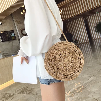 

Hollow Women Straw Round Beach Shoulder Crossbody Handbag Girls Casual Vintage Circle Weave Summer Messenger Bags