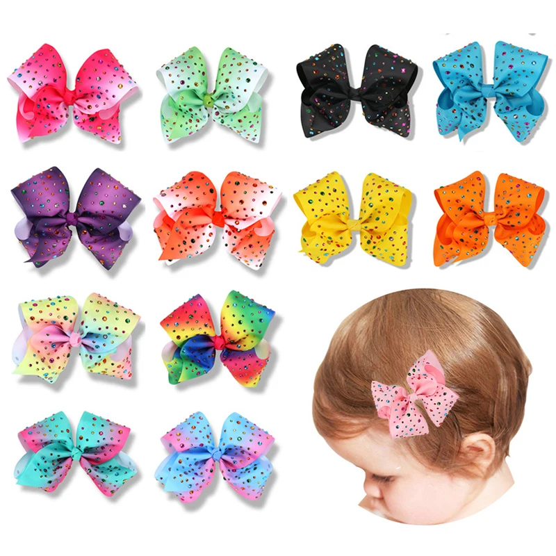 

Sale Baby Hair Clip 8" Large Rainbow Bows Hair Clip Handmade Crtstal Hairpin Ribbon Knot Hair Accessories for Children