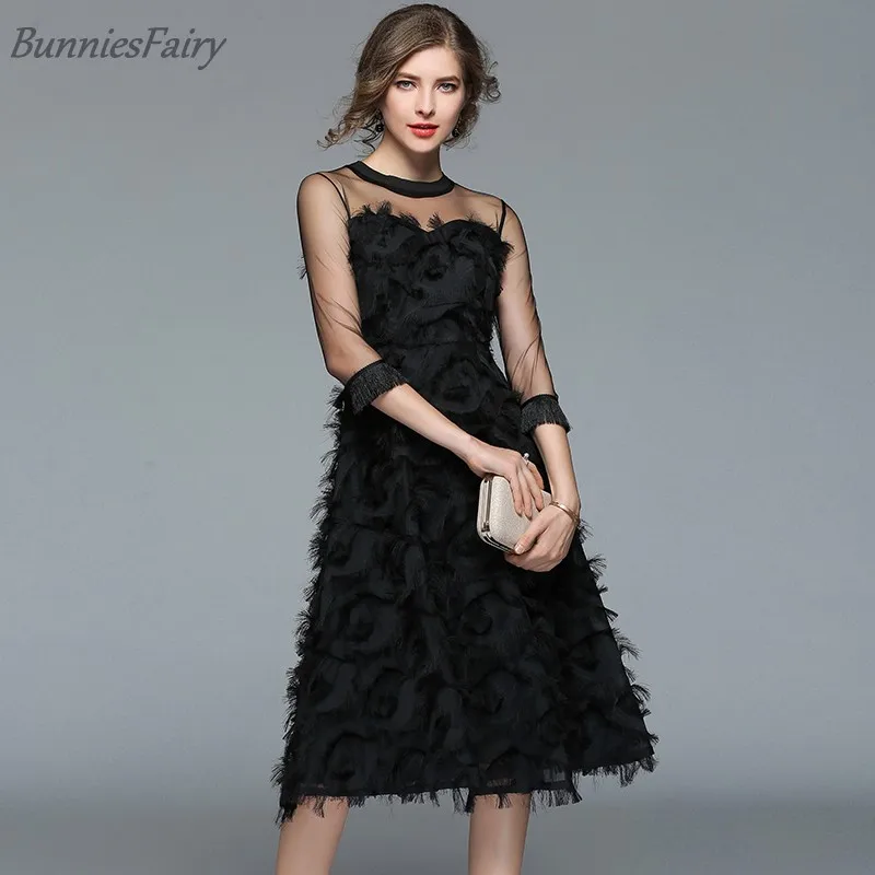 

2018 Summer New Arrival O-Neck Solid Tassel Three Quarter Empire A-Line Sweet And Elegant Dress