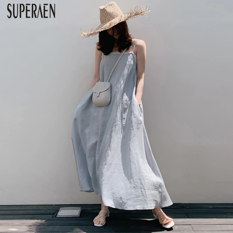 

SuperAen Cotton and Linen Sleeveless Dress Female Korean Style Loose Pluz Size Women Long Dress Summer New 2019 Women Clothing