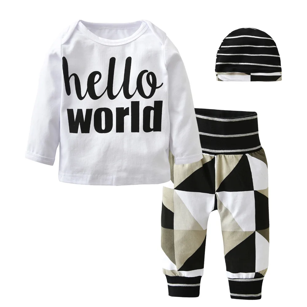 Милая Одежда для новорожденных мальчиков и девочек с надписью «Hello World» комплект из 3 предметов, детский хлопковый комбинезон с длинными рукавами+ штаны+ шапочка, одежда для малыша