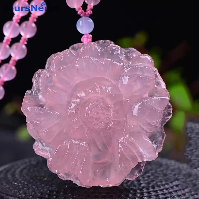 

Wholesale Pink Natural Crystal Pendant Hand Carved Peony Flower Sweater Chain Necklace Lucky for Women Marriage Crystal Jewelry