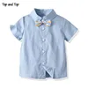 Partes de arriba para recién nacidos, conjunto de verano para bebés, camisa de manga corta a rayas con pajarita + monos, 2 uds. ► Foto 3/6