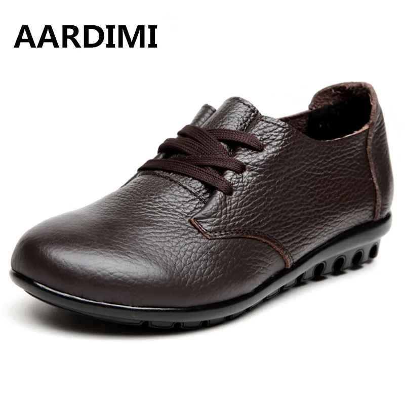 New 2017 top quality genuine leather women shoes spring lace up round toe solid women flats