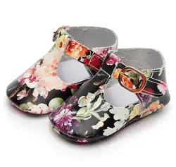 Детская обувь мягкая подошва из натуральной кожи цветок печати T-бар Мэри Джейн маленьких Мокасины дети принцесса балетки 0 -18 м