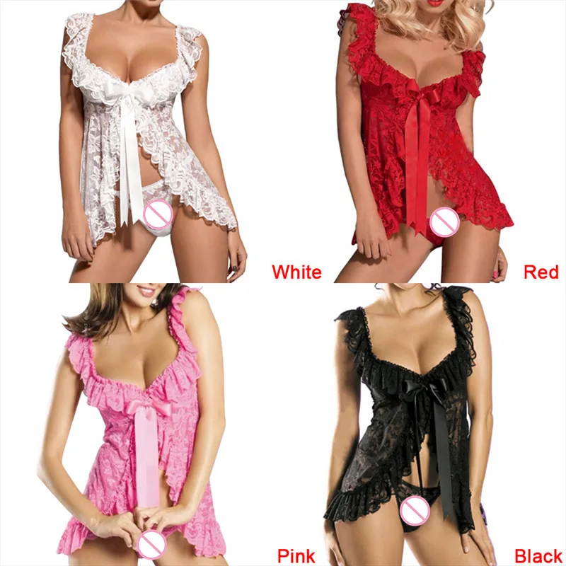 

4XL Women Sexy Lingerie Front Open Sleepwear Set Europe America Style Sexy Lace Perspective Dress + T Pants