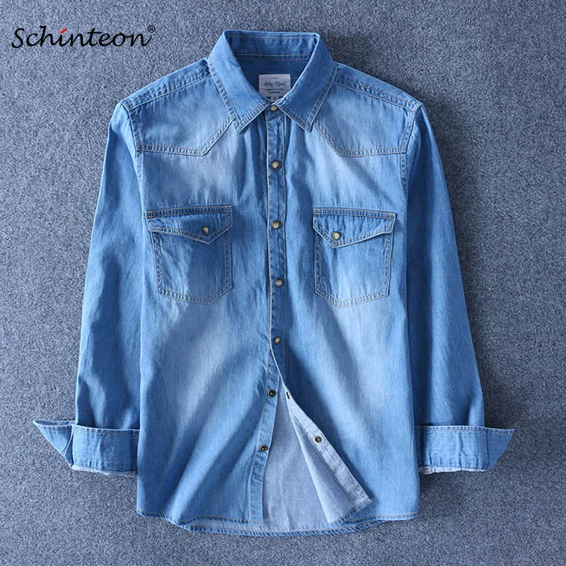 Schinteon Spring Autumn Men Denim Thin Shirt Long Sleeve Soft 100% Cotton Two Pockets Slim Slight Elastic Jeans Cowboy 4XL